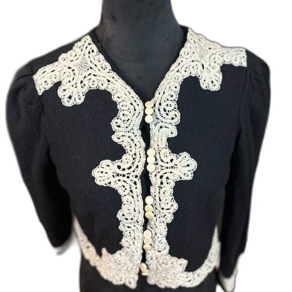 VNTG 80's Marie St. Claire Blk Wool Cropped Long Sleeve Jacket with Lace Size 6 - Picture 4 of 7
